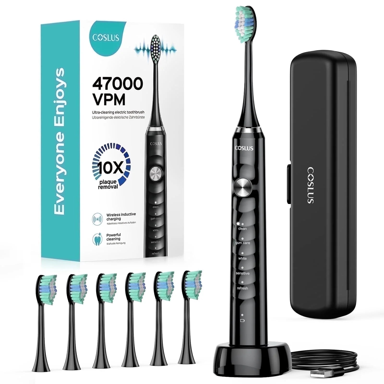 CX40 Electric Toothbrush for Adults and Teen,Wireless Rechargeable Tooth Brush,Youth with Portable Travel Case,5 Modes 47000 Power Toothbrushes 6 Brush Heads ,70Day Battery Life Black